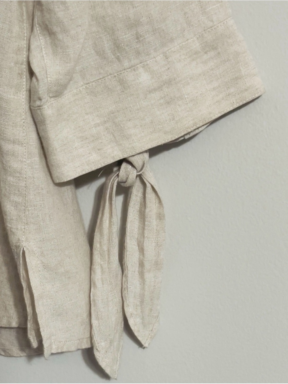 Liz Claiborne Boxy Linen Top Sz L Beige Knot Sleeve Coastal Lagenlook Minimalist - Picture 5 of 12